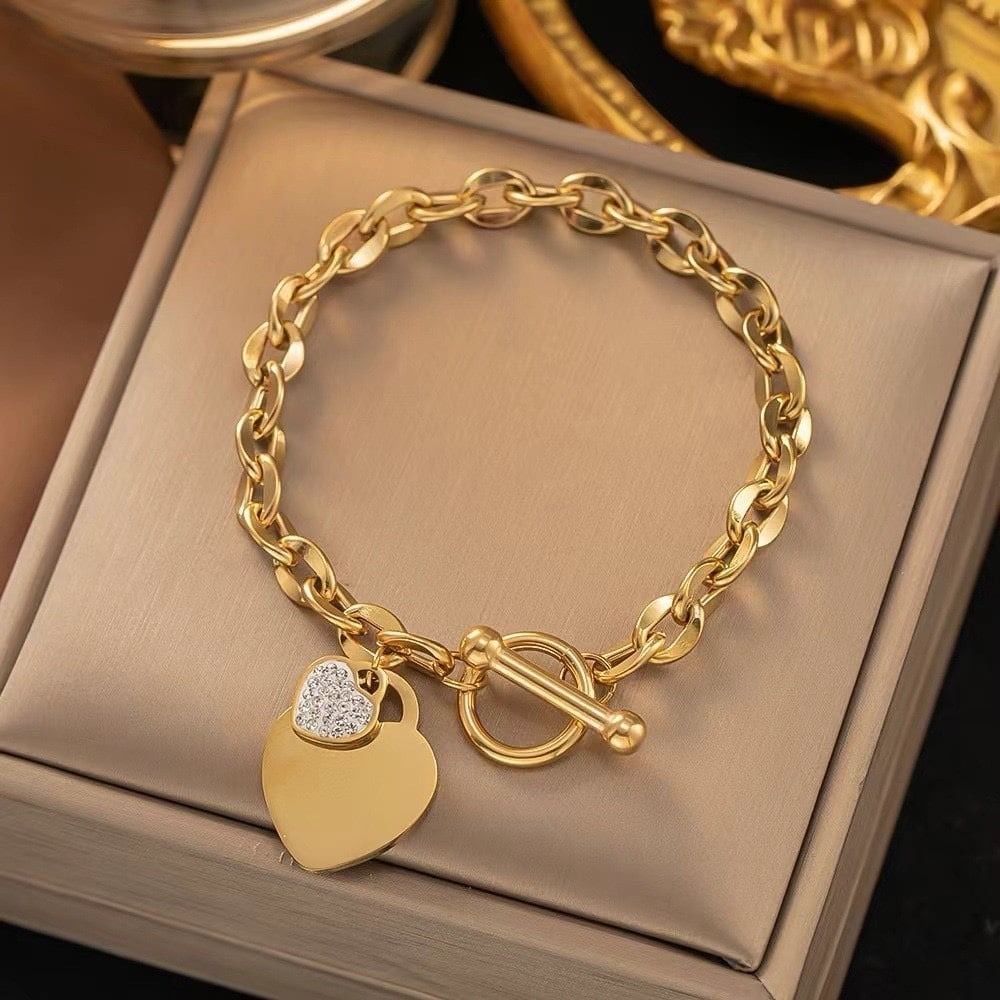 Gold Tone Heart Charm Toggle Bracelet 18K PVD Stainless Steel